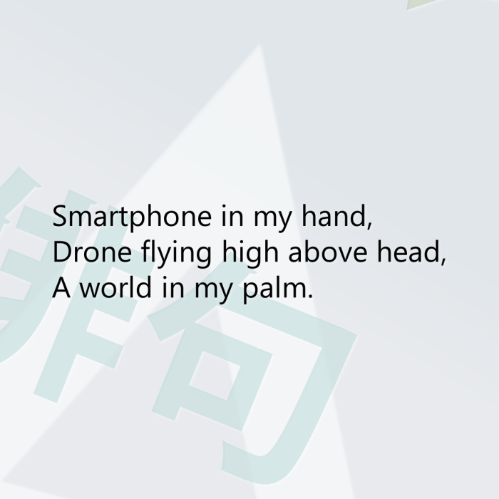 Smartphone in my hand, Drone flying high above head, A world in my palm.